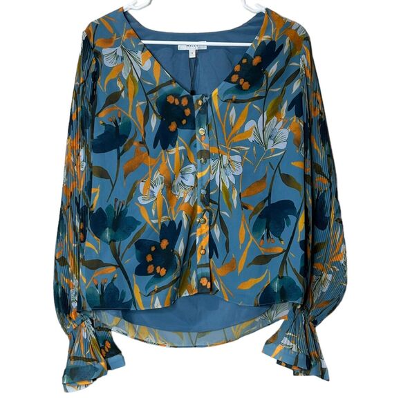 Milly Greer Watercolor Azalea Top Button Up Bell Sleeves Blue Women's Small NWT - Picture 3 of 10